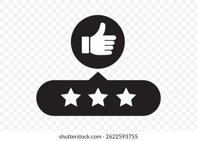 Customer review rating with 5 stars and thumb up feedback. Five star rating badge, review rating icon. EPS 10.