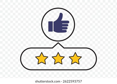 Customer review rating with 5 stars and thumb up feedback. Five star rating badge, review rating icon. EPS 10.