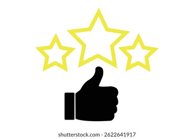 Customer review rating with 5 stars and thumb-up. Outline icon with editable stroke. Star vector. Five star rating badge, review rating icon. star feedback icon, 5 stars feedback, review stars. EPS 10