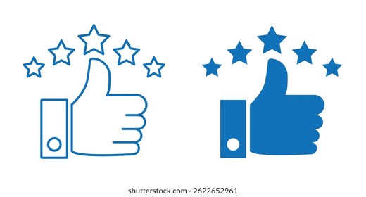 Customer review rating with 5 stars and thumb up feedback. Five star rating badge, Product Positive review of customer Survey.