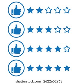 Customer review rating with 5 stars and thumb up feedback. Five star rating badge, Product Positive review of customer Survey.
