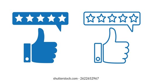 Customer review rating with 5 stars and thumb up feedback. Five star rating badge, Product Positive review of customer Survey.