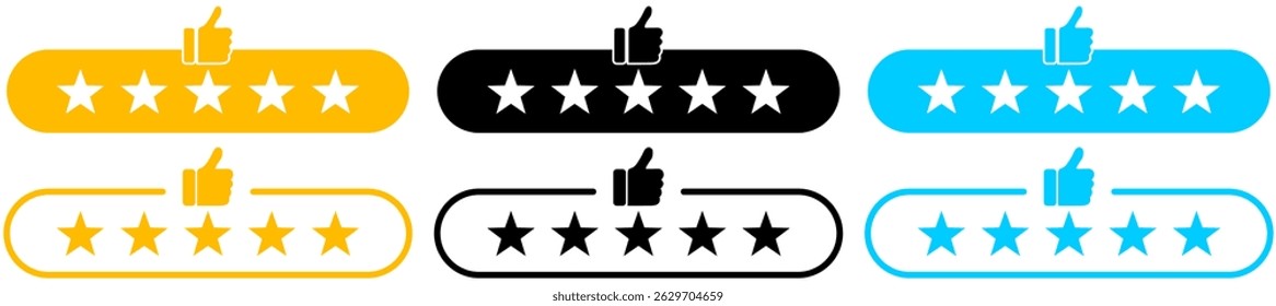 Customer review rating with 5 stars and thumb up feedback. Five star rating badge, review rating icon. Vector illustration.