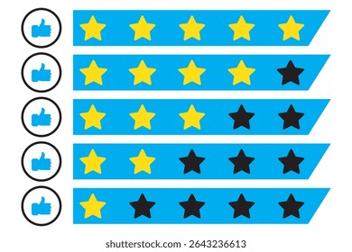 Customer review rating with 5 stars and thumb-up. Five stars rating. Five stars customer product rating review. hand with thumb up and stars rating icon.