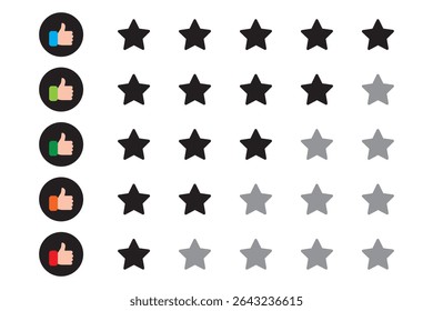Customer review rating with 5 stars and thumb-up. Five stars rating. Five stars customer product rating review. hand with thumb up and stars rating icon.