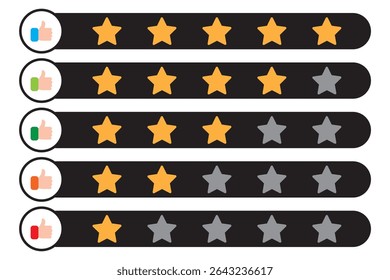 Customer review rating with 5 stars and thumb-up. Five stars rating. Five stars customer product rating review. hand with thumb up and stars rating icon.