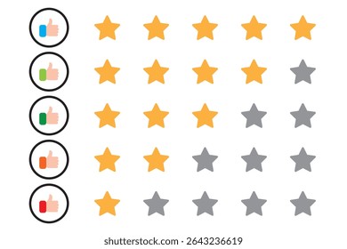 Customer review rating with 5 stars and thumb-up. Five stars rating. Five stars customer product rating review. hand with thumb up and stars rating icon.