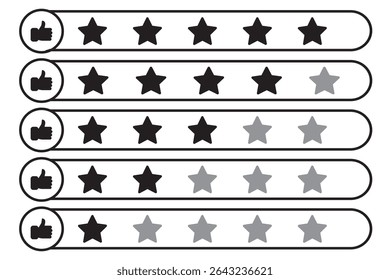 Customer review rating with 5 stars and thumb-up. Five stars rating. Five stars customer product rating review. hand with thumb up and stars rating icon.