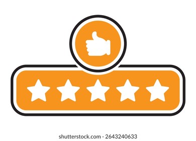 Customer review rating with 5 stars and thumb up feedback. Five star rating badge, review rating icon. Thumbs up with five stars. Good review icon flat style isolated on white background. 