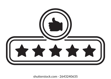 Customer review rating with 5 stars and thumb up feedback. Five star rating badge, review rating icon. Thumbs up with five stars. Good review icon flat style isolated on white background. 
