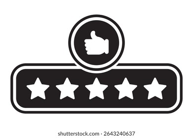 Customer review rating with 5 stars and thumb up feedback. Five star rating badge, review rating icon. Thumbs up with five stars. Good review icon flat style isolated on white background. 