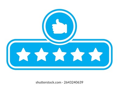 Customer review rating with 5 stars and thumb up feedback. Five star rating badge, review rating icon. Thumbs up with five stars. Good review icon flat style isolated on white background. 