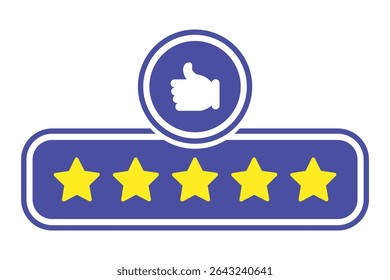 Customer review rating with 5 stars and thumb up feedback. Five star rating badge, review rating icon. Thumbs up with five stars. Good review icon flat style isolated on white background. 