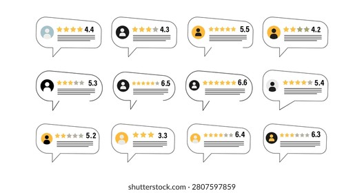 Customer review rating bubble collection featuring star scores and feedback symbols for business websites, digital services, online platforms, marketing, and user experience design projects