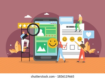 Customer review, rating, client feedback. Business people collecting stars, using smile faces in survey questions as answers, flat vector illustration. Emoji, emoticon satisfaction customer survey.