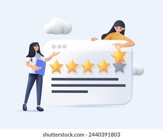 Customer review rating concept 3D. People give review rating feedback. Customer choice. Know your client concept 3D. website web page landing page template. 3D abstract cartoon vector illustration