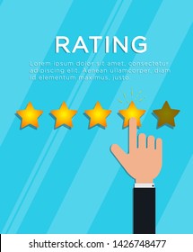 Customer review rating concept. Hand finger puts 4 out of 5 star rating. Online feedback, support service quality, survey or testimonial. Flat style vector illustration