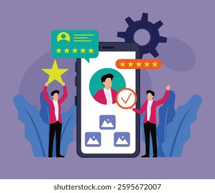 Customer Review and Rating Concept with Mobile App and User Feedback 2d flat vector illustrations