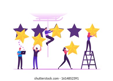 Customer Review and Rating Concept. People Put Huge Golden Stars into Holes, Man Hanging on Rope from Helicopter Leaving Feedback. Clients Evaluate Service Technology. Cartoon Flat Vector Illustration