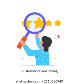 Customer review rating concept. Woman holds magnifying glass and searches for ratings, comments and user reviews. Female character chooses best service using feedback. Cartoon flat vector illustration