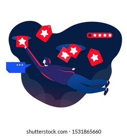 	
Customer review rating. Different People give review rating and feedback. Flat vector illustration. Customer choice. Know your client concept. Rank rating stars feedback. Business satisfaction suppo