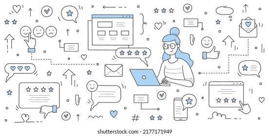 Customer review and rating doodle concept. Female user sit at laptop giving online feedback for services in internet. Client positive or negative experience, ranking stars, Linear vector illustration