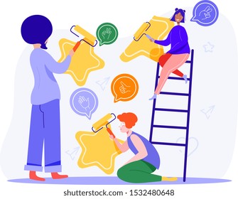 Concepto de revisión, calificación y retroalimentación del cliente. La gente está dibujando estrellas en la pared. Ilustración vectorial.