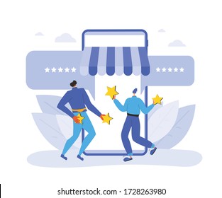 Customer review rating. Feedback concept. Happy clients standing  and dancing with gold stars with phone. Online store app reputation. Shopping website ranking. Vector flat illustration.