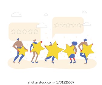 Customer review rating. Feedback concept. Happy clients standing  and dancing with gold stars and comment speech bubbles. Service rating. Vector flat illustration.