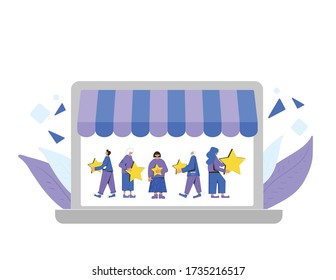 Customer review rating. Feedback concept. Happy clients standing with gold stars on laptop screen. Online store reputation. Shopping website ranking. Vector flat illustration.