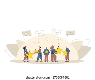 Customer review rating. Feedback concept. Happy clients standing with gold stars and comment speech bubbles. Service rating. Vector flat illustration.