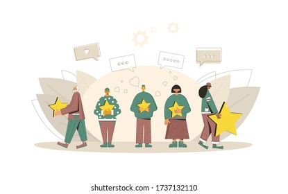 Customer review rating. Feedback concept. Happy clients standing with gold stars and comment speech bubbles. Service rating. Vector flat illustration.