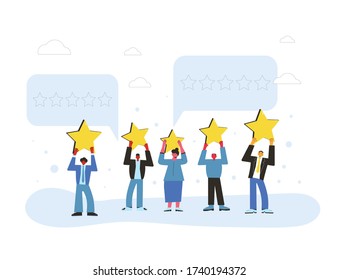 Customer review rating. Feedback concept. Happy clients standing with gold stars and comment speech bubbles. Service rating. Vector flat illustration.