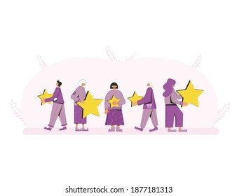 Customer review rating. Feedback concept. Happy clients standing with gold stars. Service rating. Vector flat illustration.