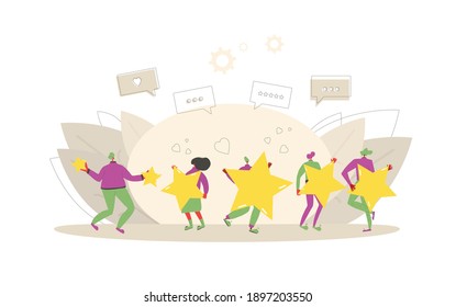 Customer review rating. Feedback concept. Happy clients standing  and dancing with gold stars and comment speech bubbles. Service rating. Vector flat illustration.