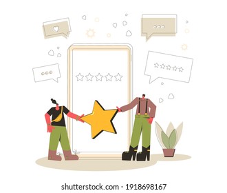 Calificación de revisión del cliente. Concepto de retroalimentación. Clientes felices parados con estrellas doradas con teléfono. reputación de aplicación de tienda en línea. Clasificación del sitio web de compras. Ilustración vectorial.