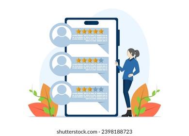 customer review rating and feedback concept. characters provide five-star feedback and voice satisfaction ratings on the smartphone app. Flat vector illustration isolated on white background.