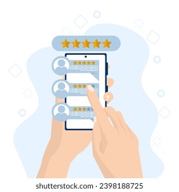 customer review rating and feedback concept. characters provide five-star feedback and voice satisfaction ratings on the smartphone app. Flat vector illustration isolated on white background.