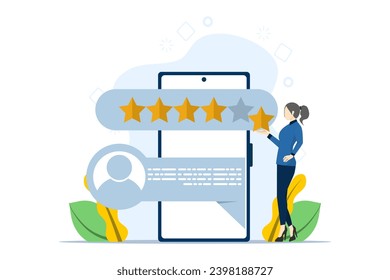 customer review rating and feedback concept. characters provide five-star feedback and voice satisfaction ratings on the smartphone app. Flat vector illustration isolated on white background.