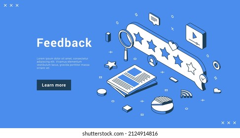 Customer review rating feedback four star isometric vector illustration. Evaluation experience choice graduation scale audience opinion mark, service quality rate, ranking status recommendation