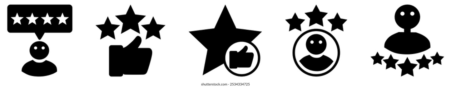 Customer review, rating, and feedback icon set. Containing testimonial, survey, opinion, satisfaction, service, life events, quality, evaluation, test, result, communication. Vector illustration.