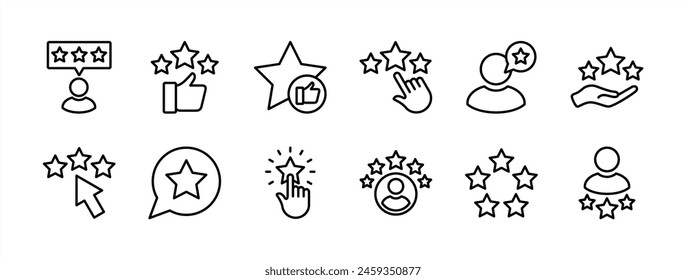 Customer review, rating, and feedback thin line icon set. Containing testimonial, survey, opinion, satisfaction, service, life events, quality, evaluation, test, result, communication vector