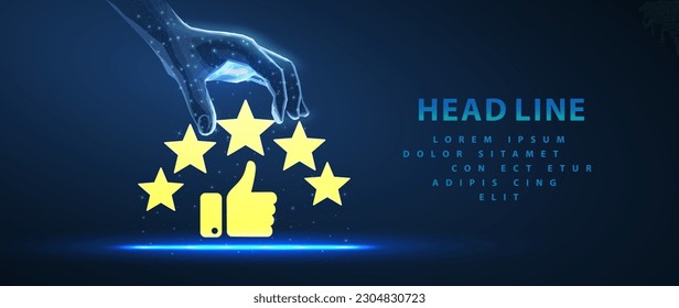 Customer review rating with five stars and thumb up. Reputation 5 stars, good feedback, quality rating, customer satisfaction concept. Vector illustration with icons isolated on blue