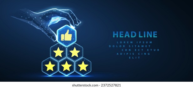 Customer review rating with five stars and thumb up. Reputation 5 stars, good feedback, quality rating, customer satisfaction concept. Vector illustration with icons isolated on blue