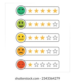 Customer review rating. Happy emoticon. Quality line. Flat design. Star rating icon set. Social media. Smile face line design 