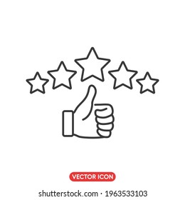 Customer review rating icon with thumb up and five stars. Outline icon style. editable stroke. Vector illustration