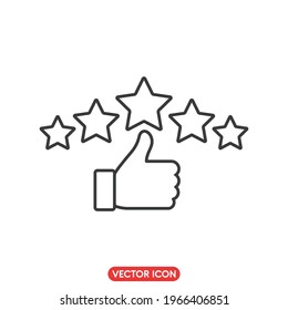 Customer review rating icon with thumb up and five stars. Outline icon style. editable stroke. Vector illustration