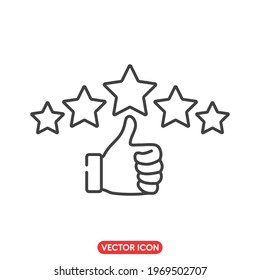 Customer review rating icon with thumb up and five stars. Outline icon style. editable stroke. Vector illustration