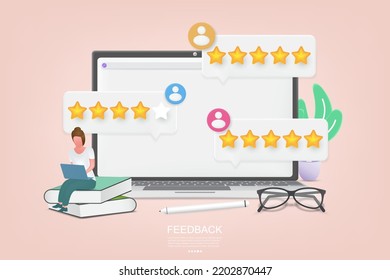 Customer Review rating on laptop screen. Stars review in bubble speeches.  Reviews stars rate and text, feedback evaluation, messages. 3d vector illustration.