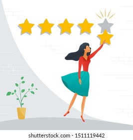 Customer review rating. Positive online feedback, product or service evaluation. Young woman giving five star rating. Flat vector illustration